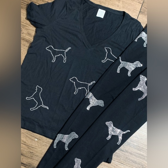 PINK VS RHINESTONE V NECK DOGGIE TSHIRT/ LEGGINGS OUTFIT SET L - Picture 4 of 12